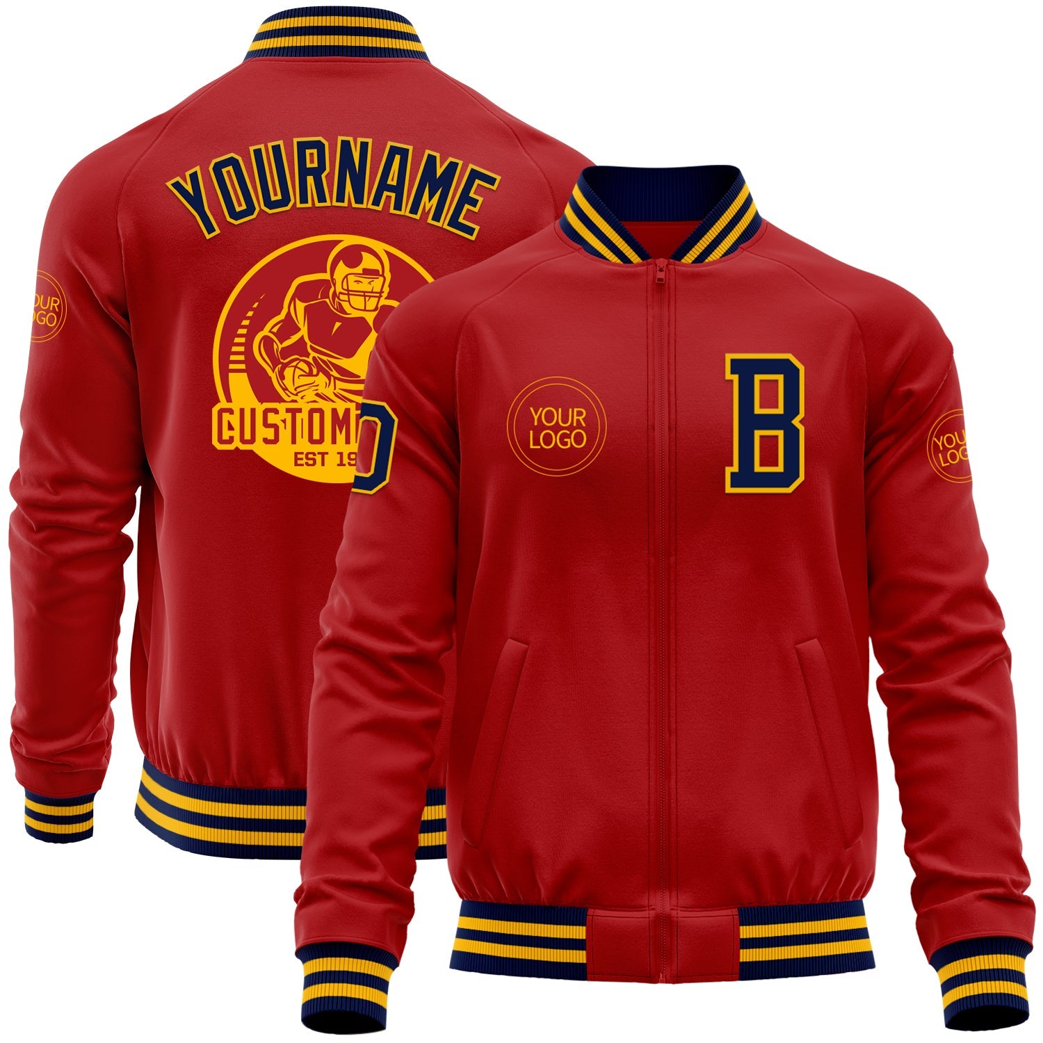 Custom Red Navy-Gold Bomber Varsity Letterman Zipper Jacket - Main View