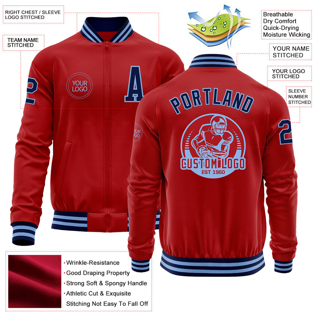 Custom Red Navy-Light Blue Bomber Varsity Letterman Zipper Jacket view 4