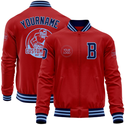 Custom Red Navy-Light Blue Bomber Varsity Letterman Zipper Jacket - Main View