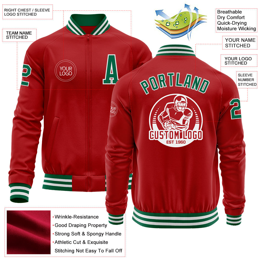Custom Red Kelly Green-White Bomber Varsity Letterman Zipper Jacket view 4