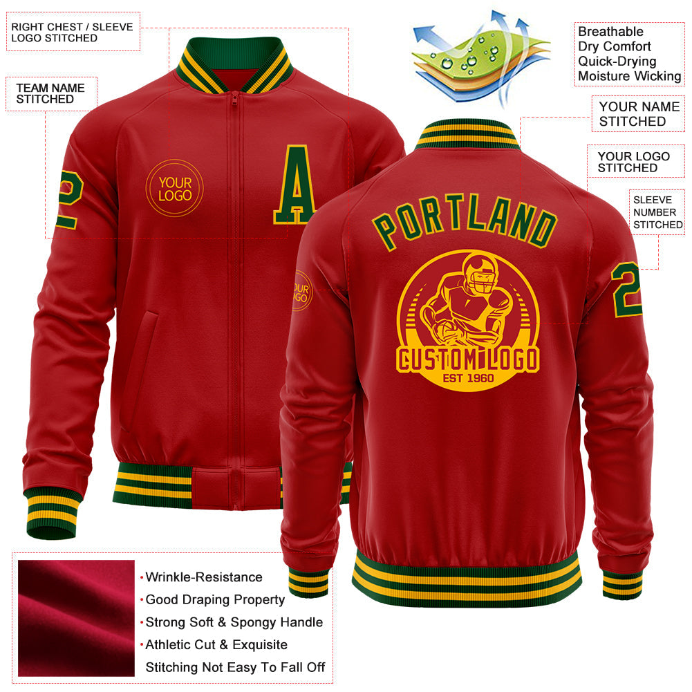 Custom Red Green-Gold Bomber Varsity Letterman Zipper Jacket view 4