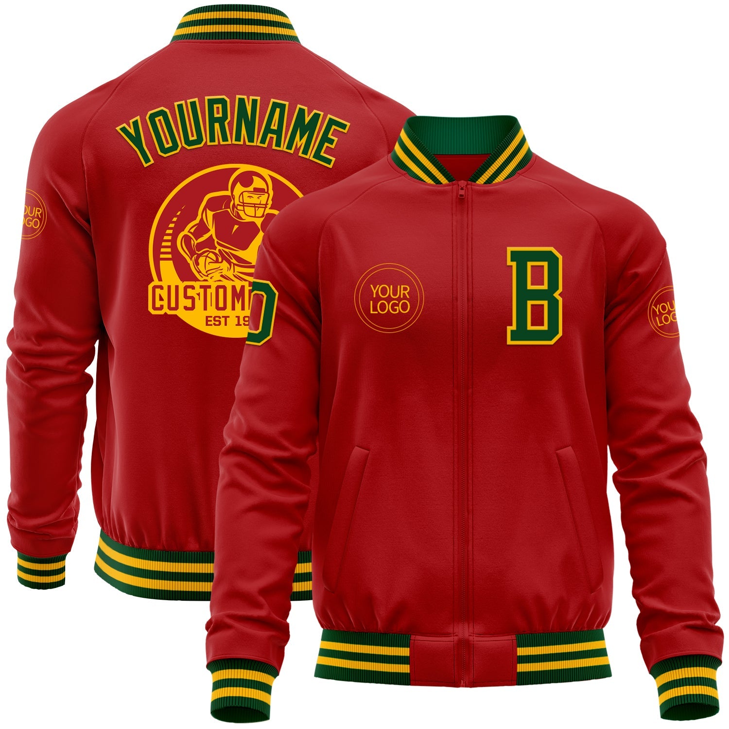 Custom Red Green-Gold Bomber Varsity Letterman Zipper Jacket - Main View