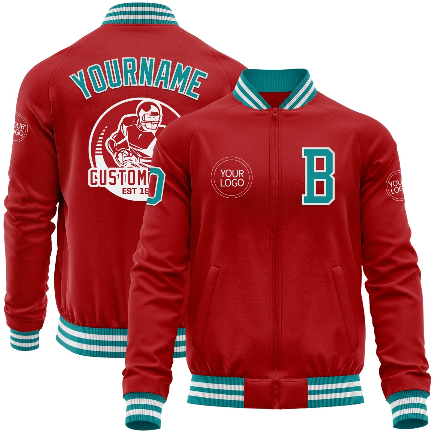 Custom Red Teal-White Bomber Varsity Letterman Zipper Jacket - Main View