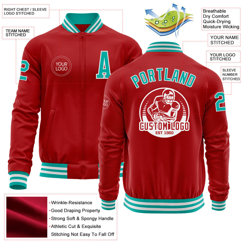 Custom Red Aqua-White Bomber Varsity Letterman Zipper Jacket view 4
