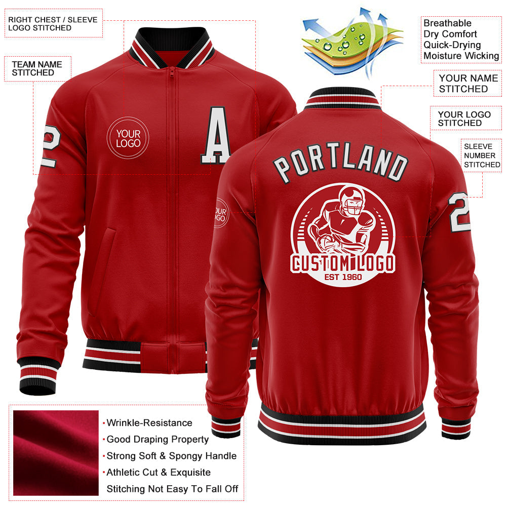 Custom Red White-Black Bomber Varsity Letterman Zipper Jacket view 4