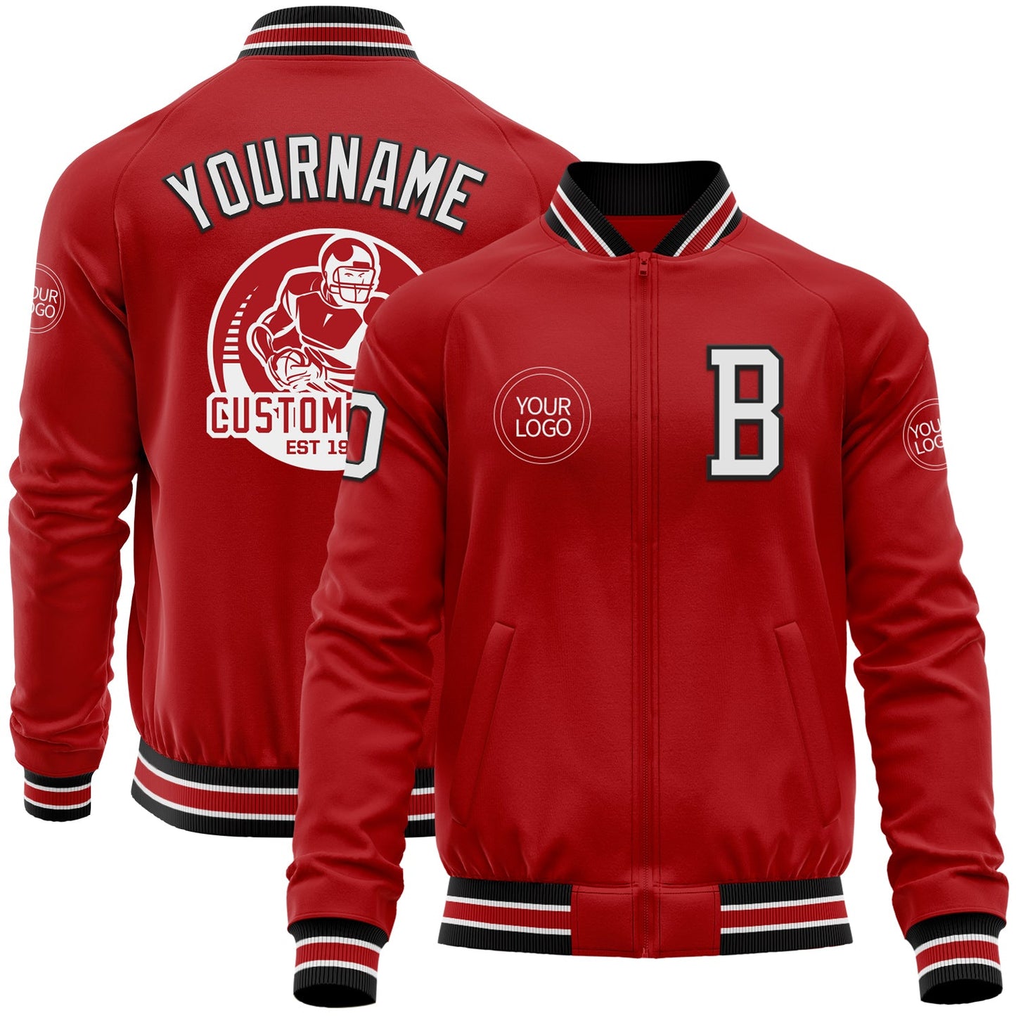 Custom Red White-Black Bomber Varsity Letterman Zipper Jacket - Main View