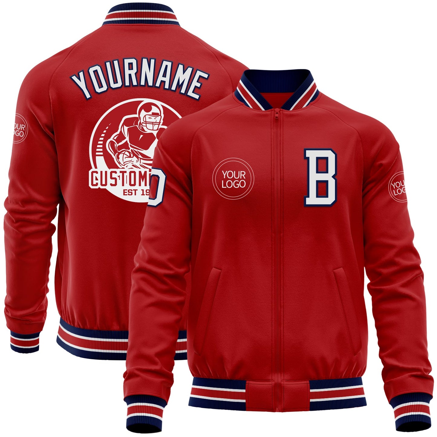 Custom Red White-Navy Bomber Varsity Letterman Zipper Jacket - Main View