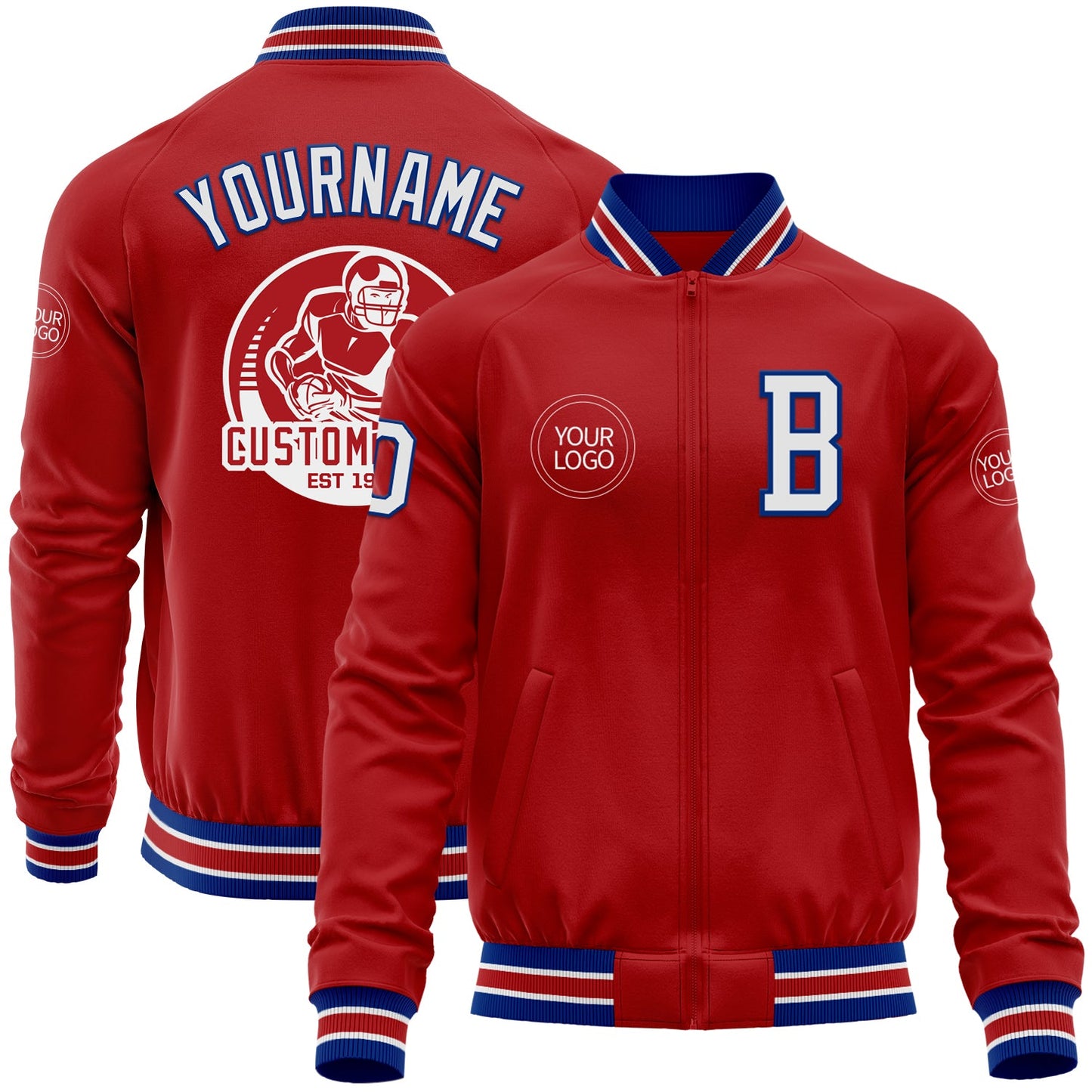 Custom Red White-Royal Bomber Varsity Letterman Zipper Jacket - Main View