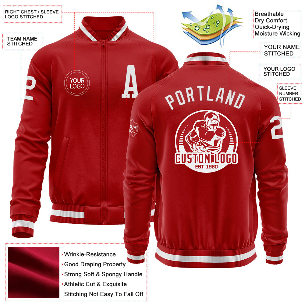 Custom Red White Bomber Varsity Letterman Zipper Jacket view 4