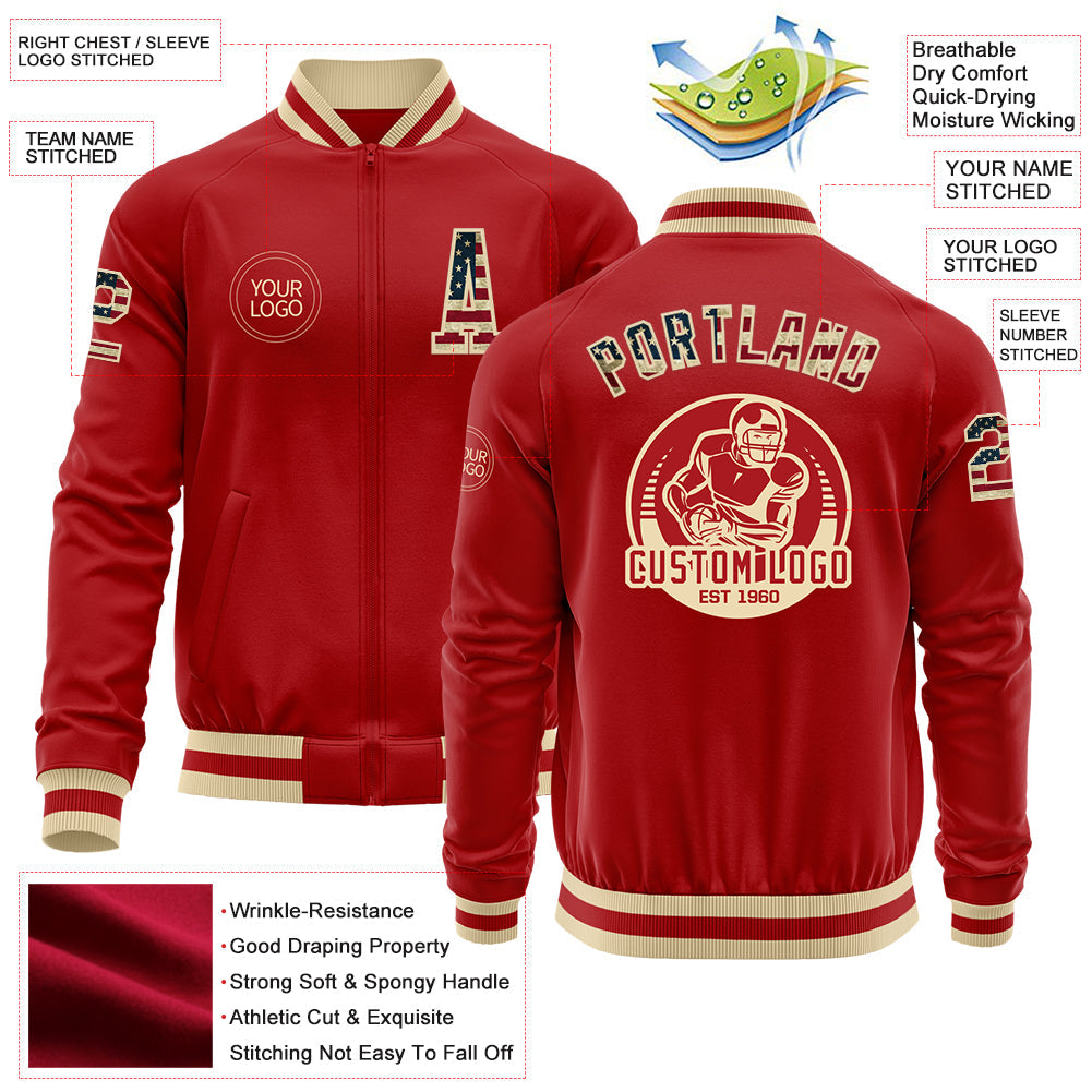 Custom Red Vintage USA Flag-Cream Bomber Varsity Letterman Zipper Jacket view 4