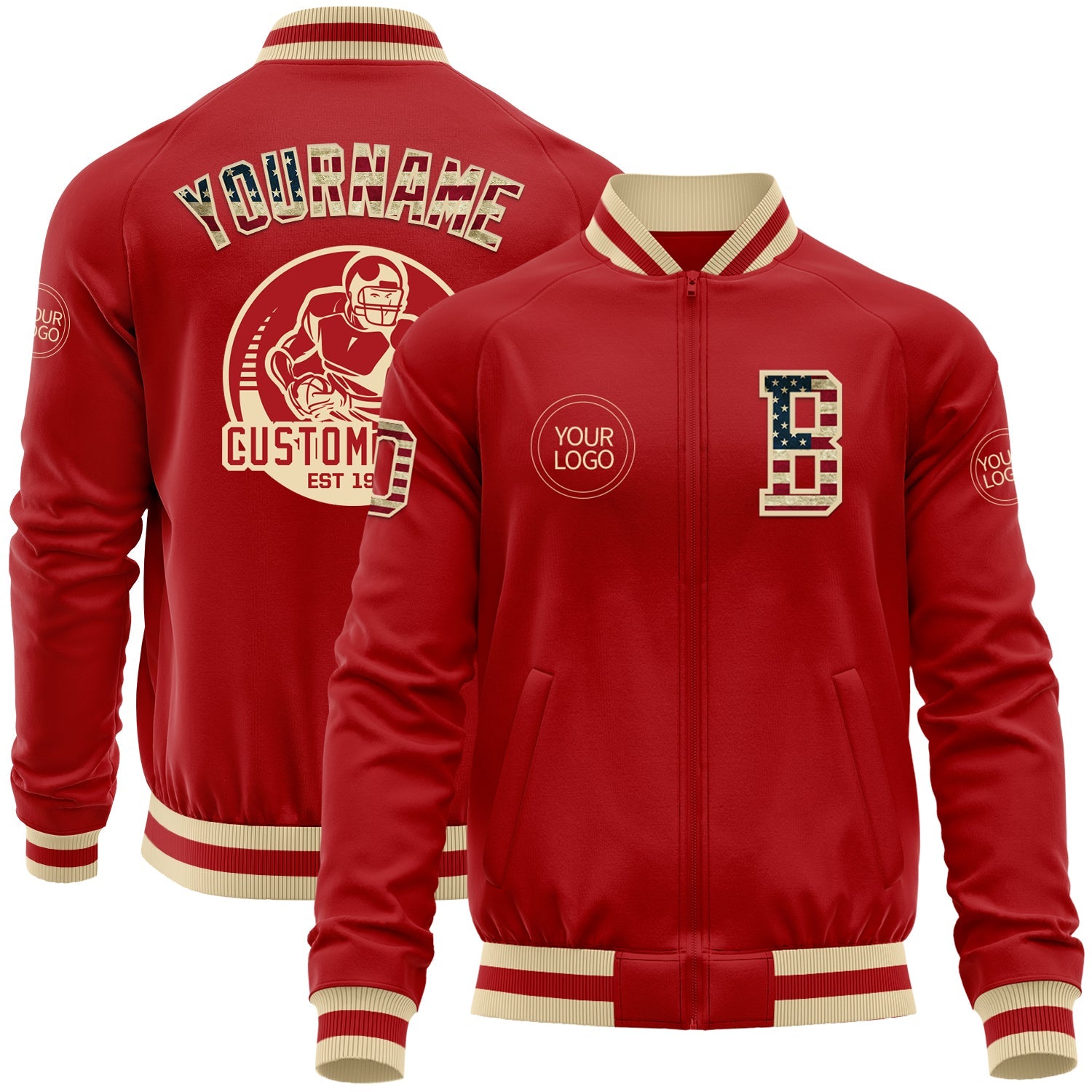 Custom Red Vintage USA Flag-Cream Bomber Varsity Letterman Zipper Jacket - Main View