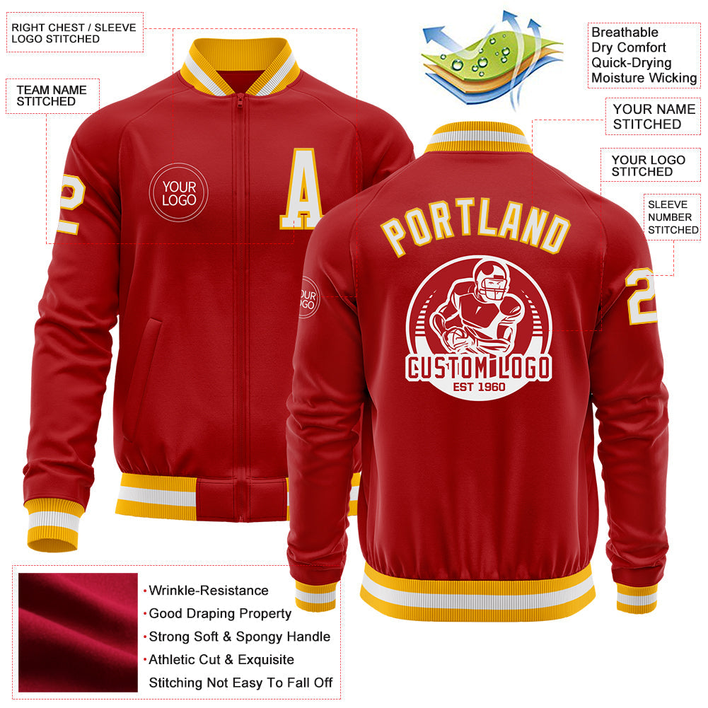 Custom Red White-Gold Bomber Varsity Letterman Zipper Jacket view 4