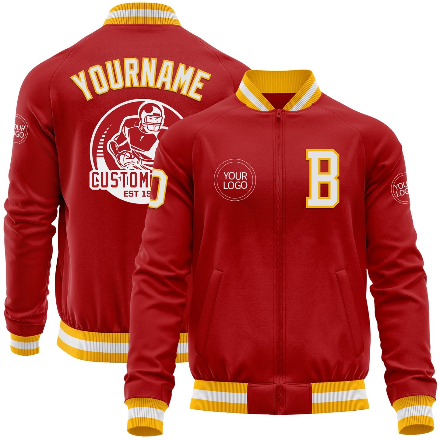 Custom Red White-Gold Bomber Varsity Letterman Zipper Jacket - Main View