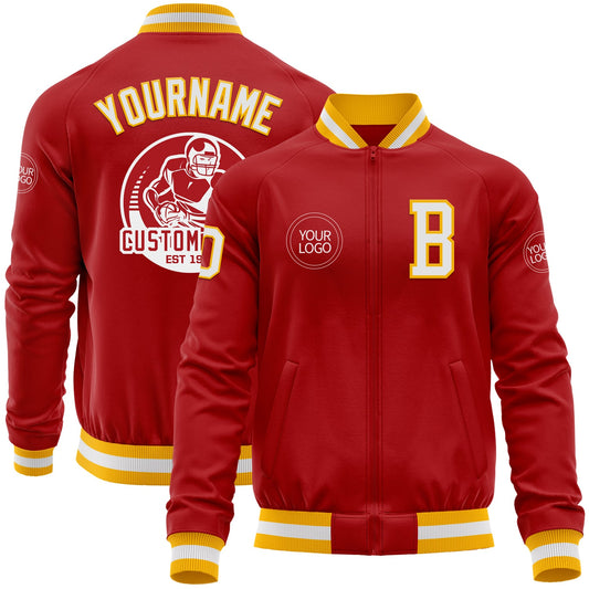 Custom Red White-Gold Bomber Varsity Letterman Zipper Jacket - Main View