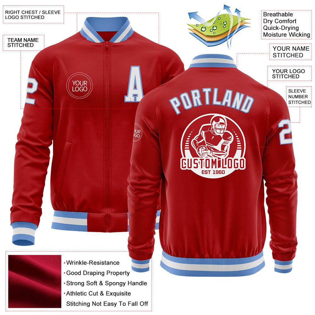 Custom Red White-Light Blue Bomber Varsity Letterman Zipper Jacket view 4