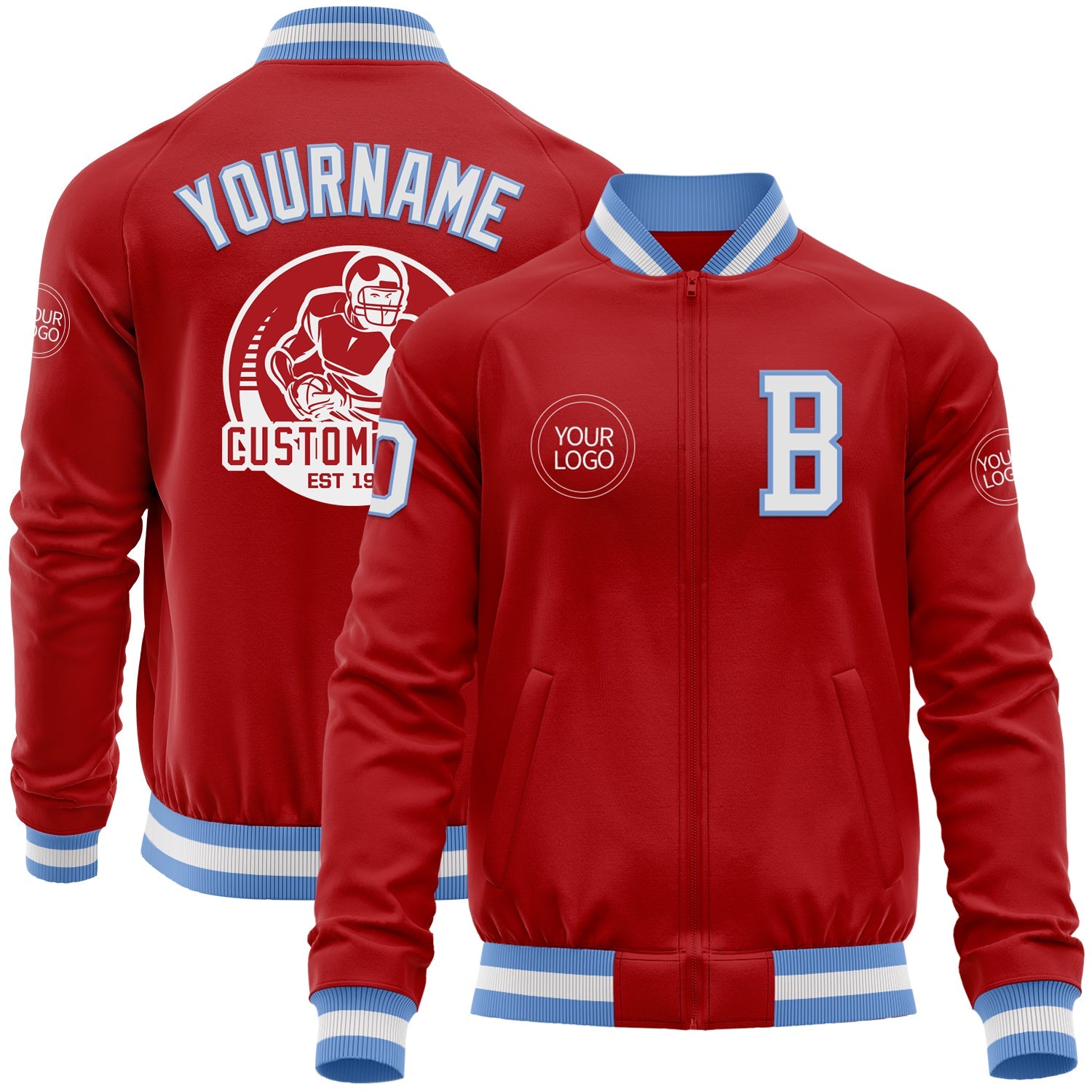 Custom Red White-Light Blue Bomber Varsity Letterman Zipper Jacket - Main View