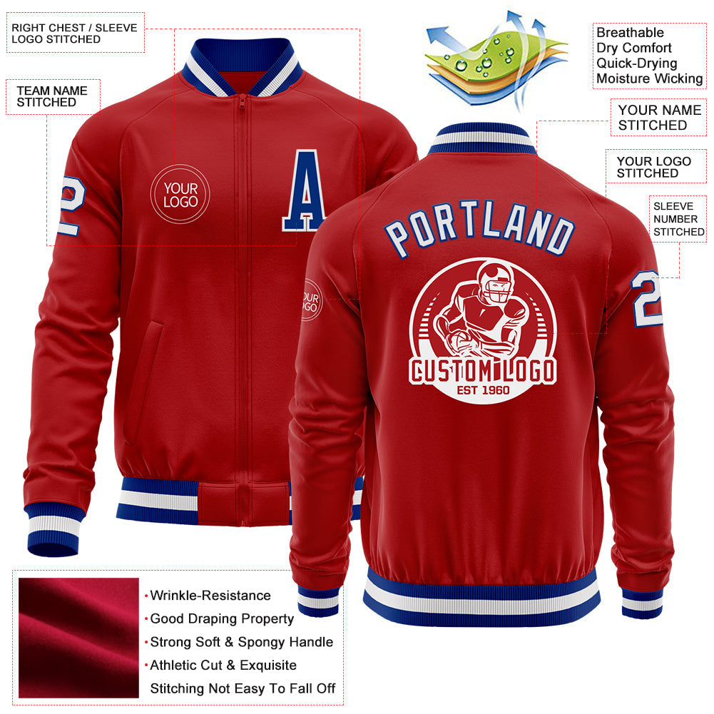 Custom Red White-Royal Bomber Varsity Letterman Zipper Jacket view 4