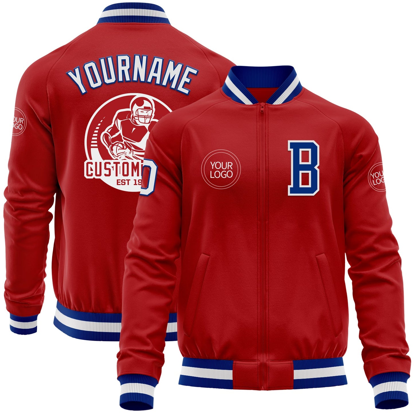 Custom Red White-Royal Bomber Varsity Letterman Zipper Jacket - Main View