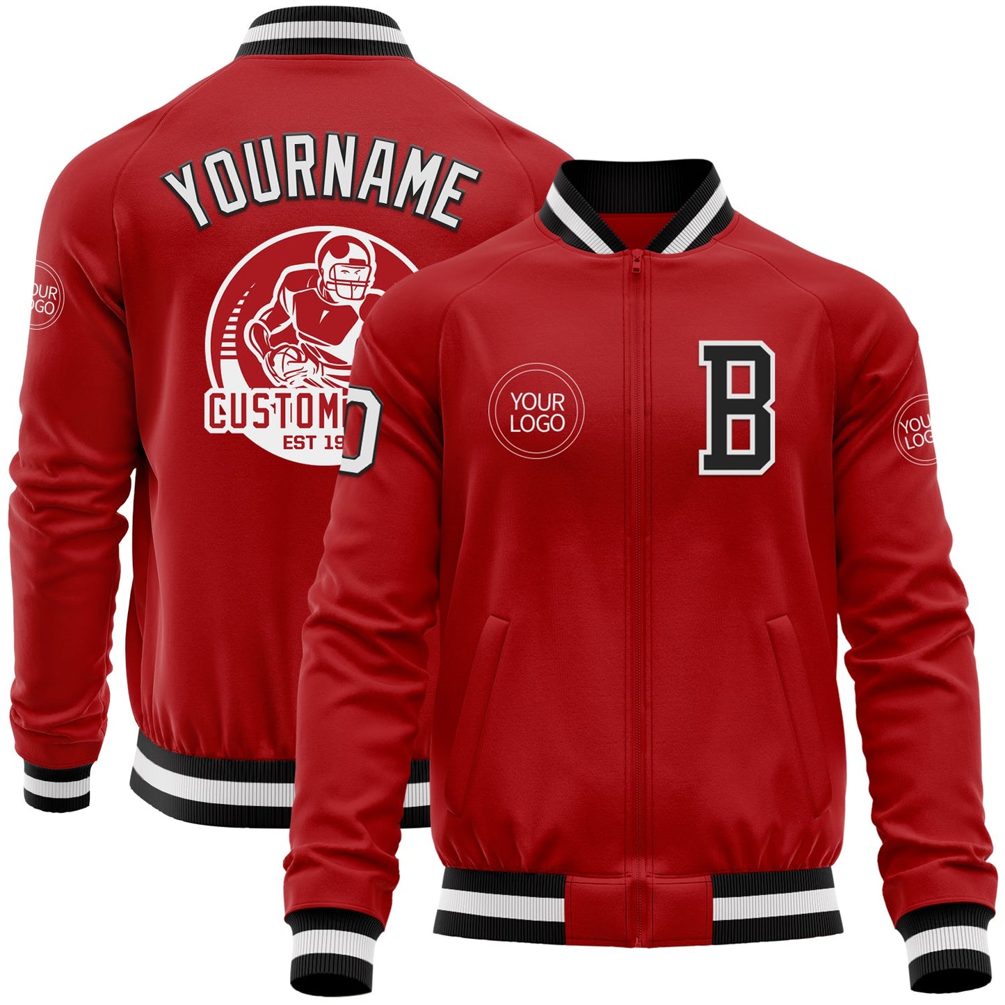 Custom Red White-Black Bomber Varsity Letterman Zipper Jacket - Main View