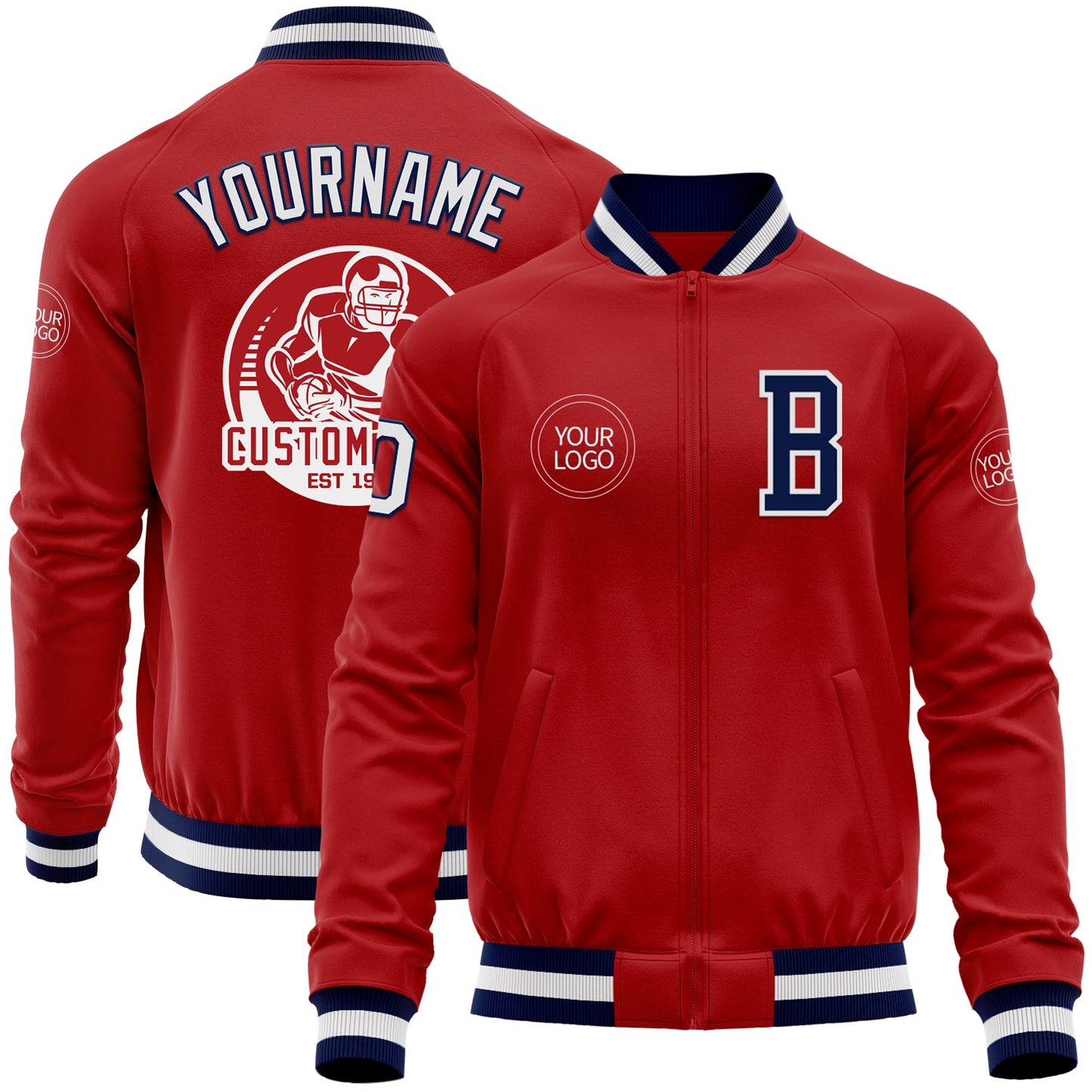 Custom Red White-Navy Bomber Varsity Letterman Zipper Jacket - Main View