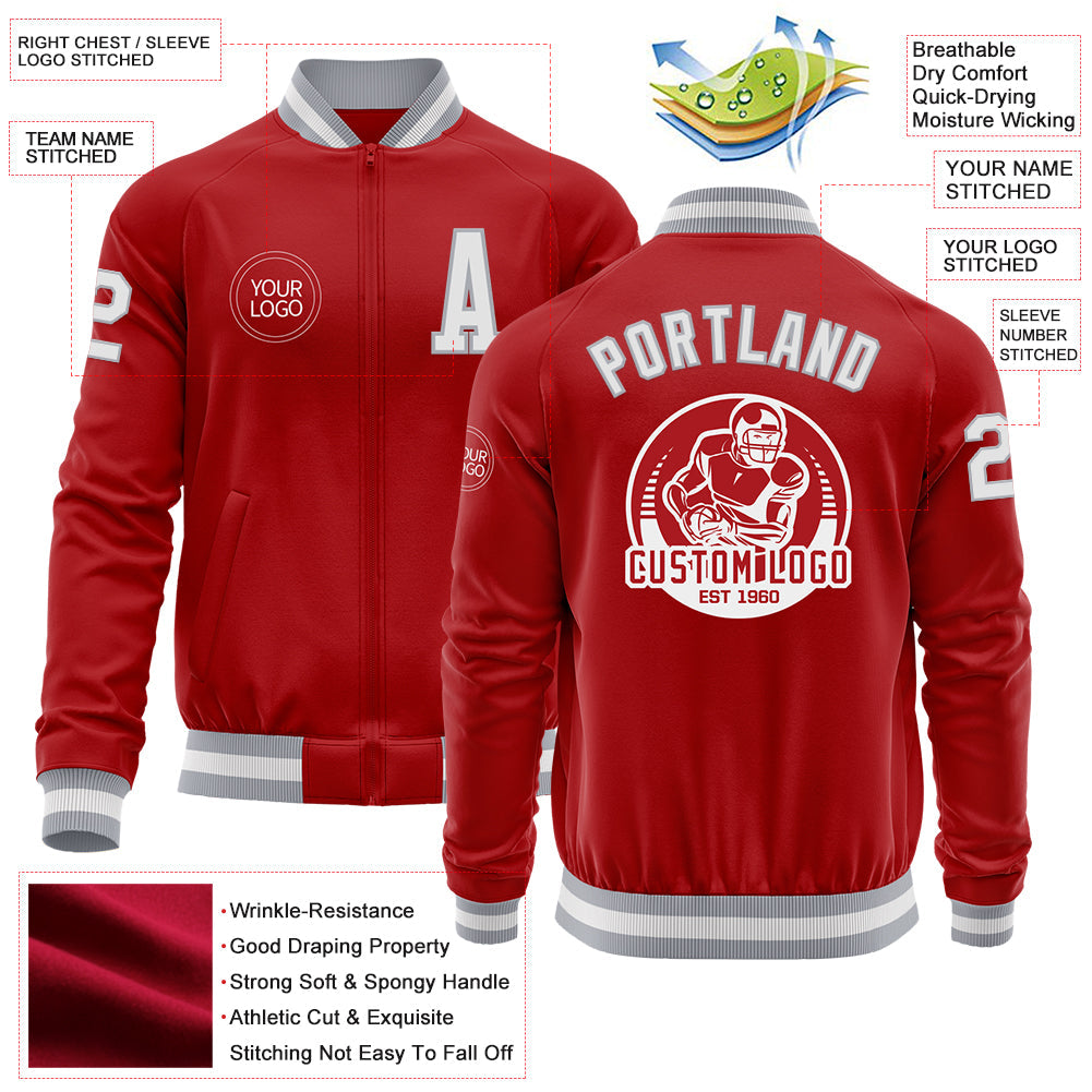 Custom Red White-Gray Bomber Varsity Letterman Zipper Jacket view 4