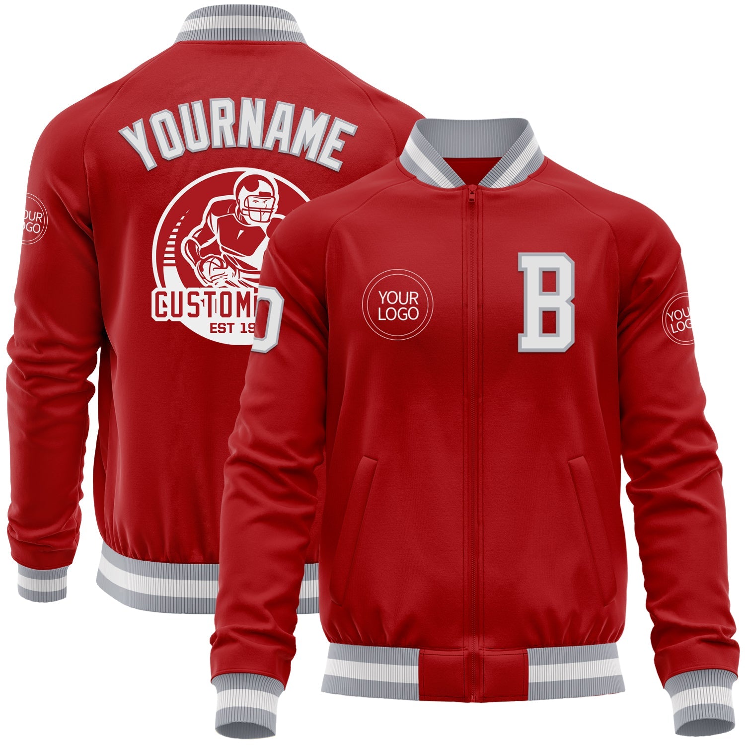 Custom Red White-Gray Bomber Varsity Letterman Zipper Jacket - Main View