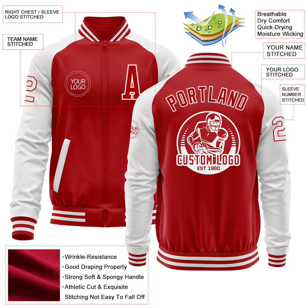 Custom Red White Bomber Varsity Letterman Two Tone Zipper Jacket view 4