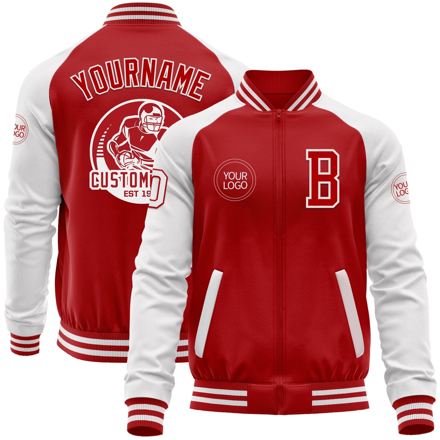 Custom Red White Bomber Varsity Letterman Two Tone Zipper Jacket - Main View