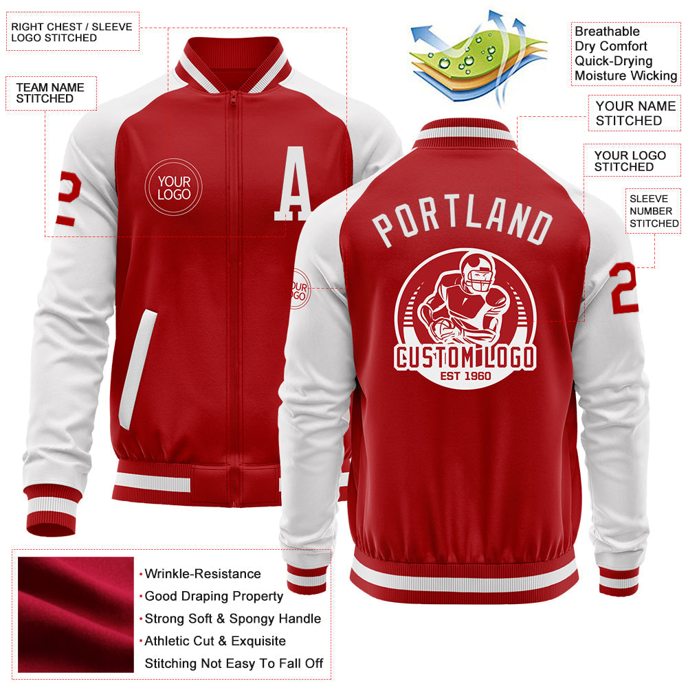 Custom Red White Bomber Varsity Letterman Two Tone Zipper Jacket view 4