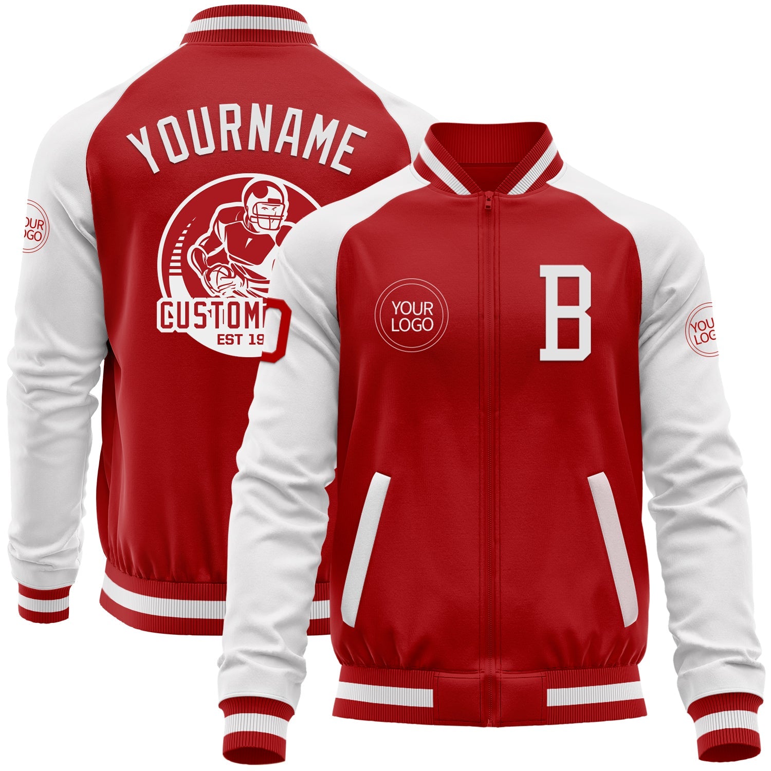 Custom Red White Bomber Varsity Letterman Two Tone Zipper Jacket - Main View