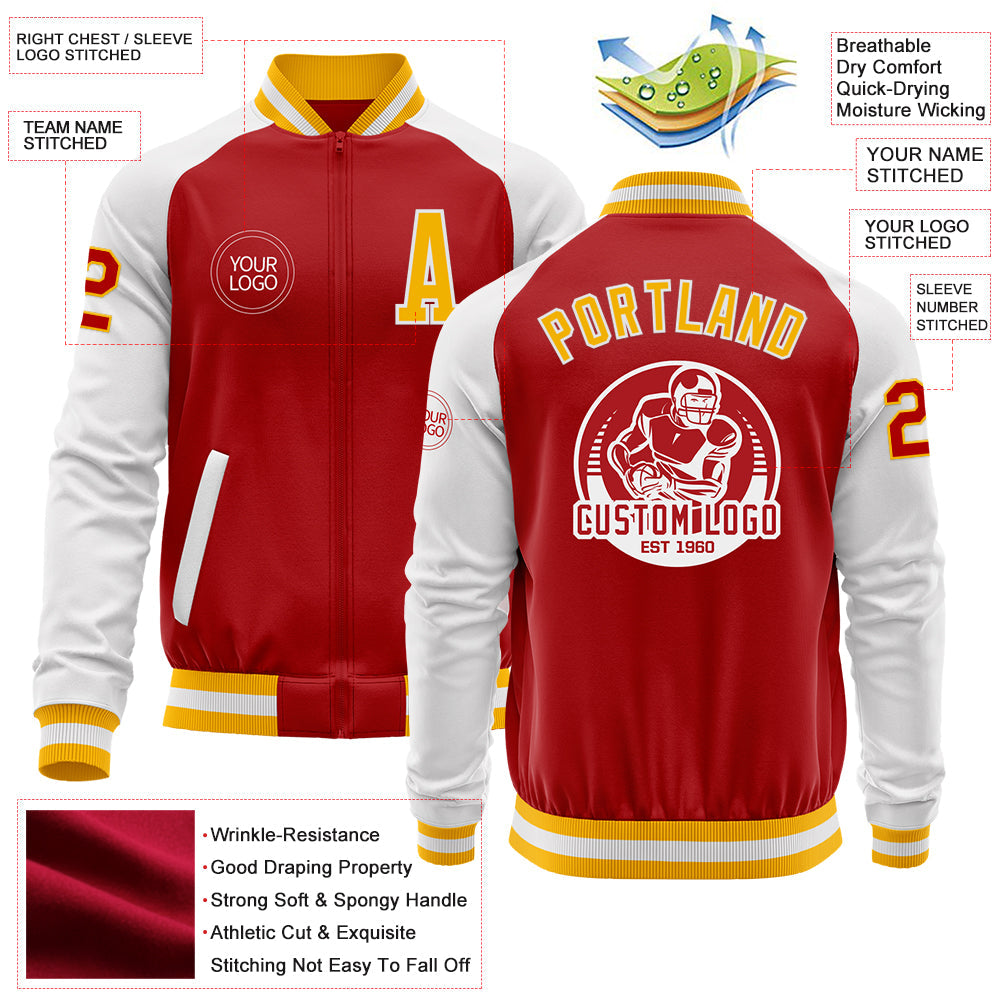 Custom Red Gold-White Bomber Varsity Letterman Two Tone Zipper Jacket view 4