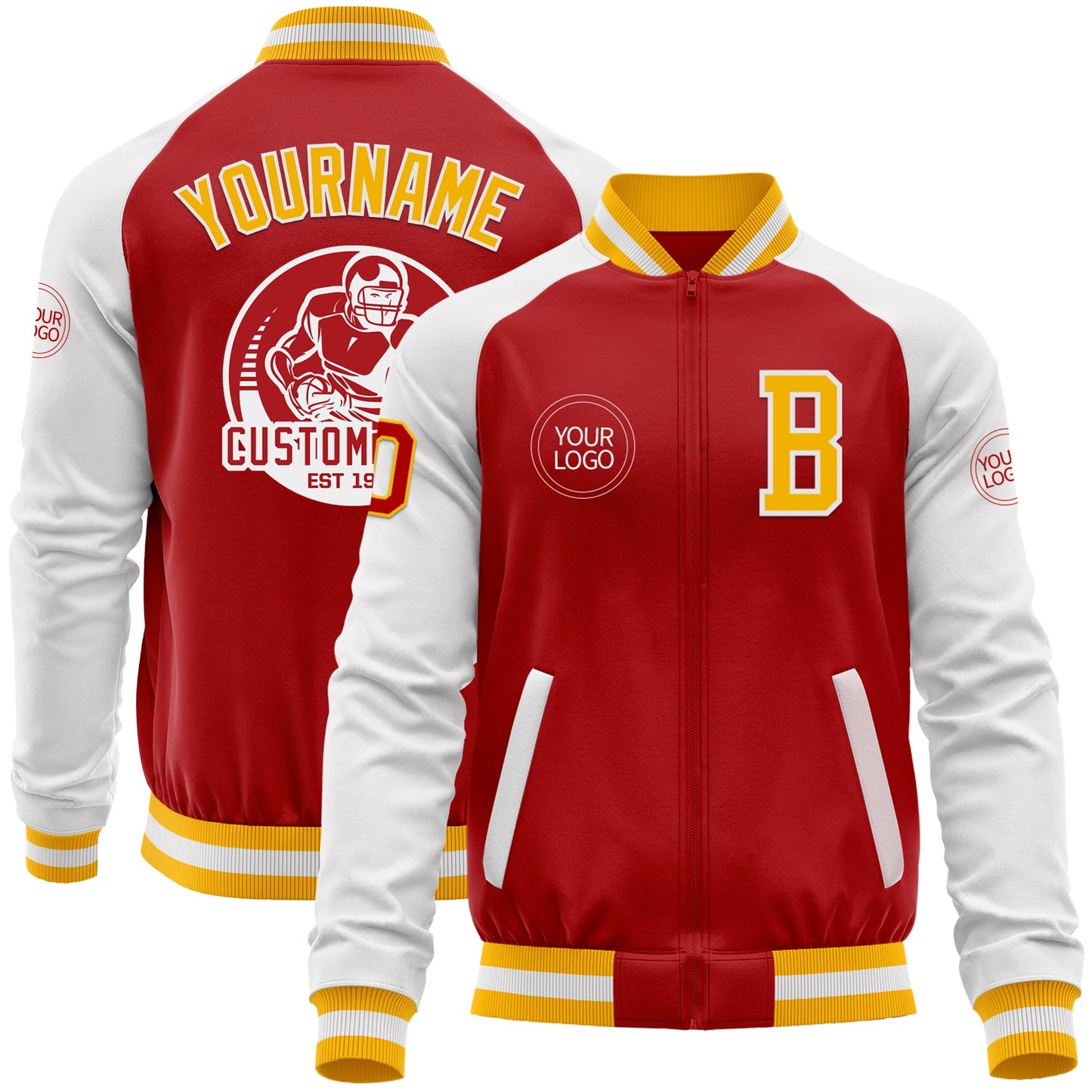 Custom Red Gold-White Bomber Varsity Letterman Two Tone Zipper Jacket - Main View