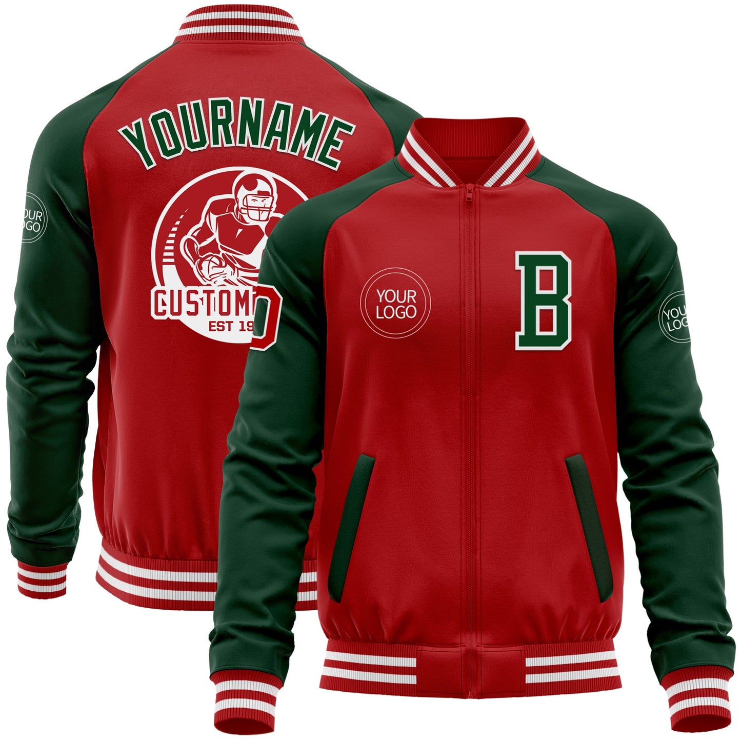 Custom Red Green-White Bomber Varsity Letterman Two Tone Zipper Jacket - Main View