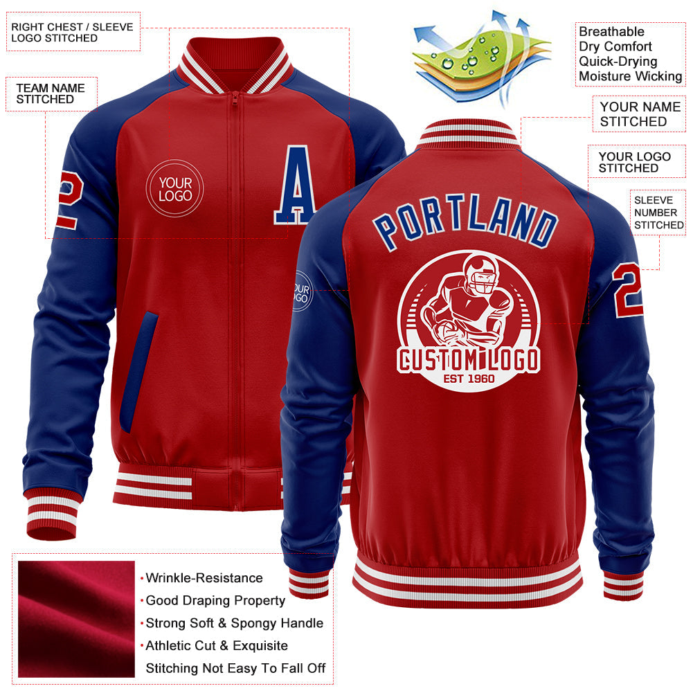 Custom Red Royal-White Bomber Varsity Letterman Two Tone Zipper Jacket view 4