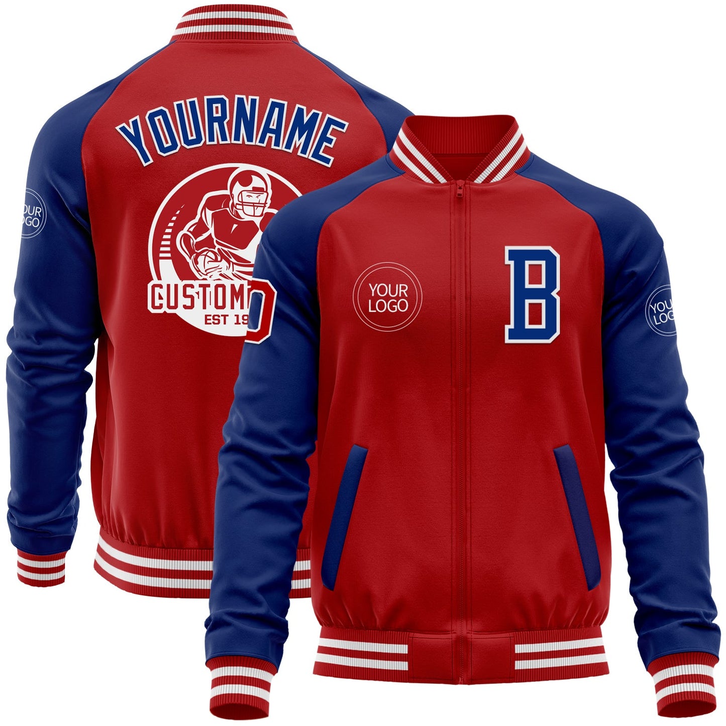 Custom Red Royal-White Bomber Varsity Letterman Two Tone Zipper Jacket - Main View