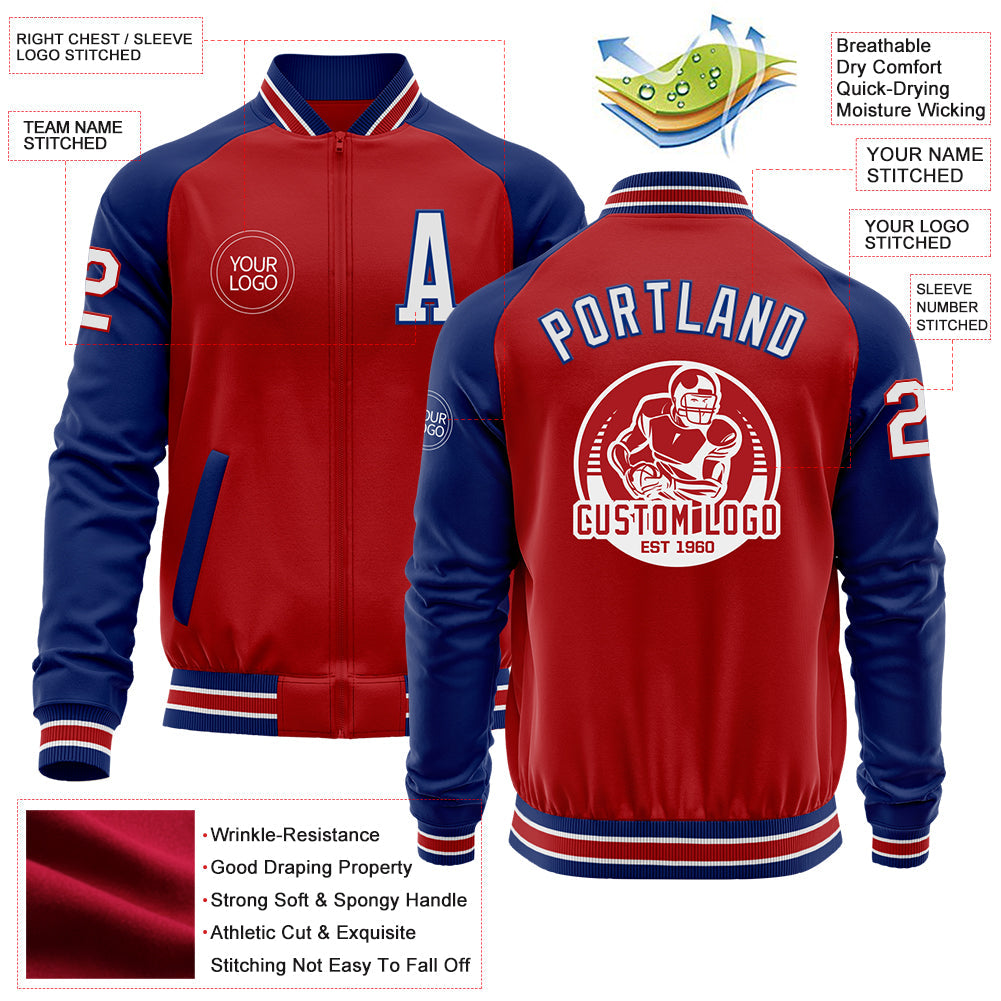 Custom Red White-Royal Bomber Varsity Letterman Two Tone Zipper Jacket view 4