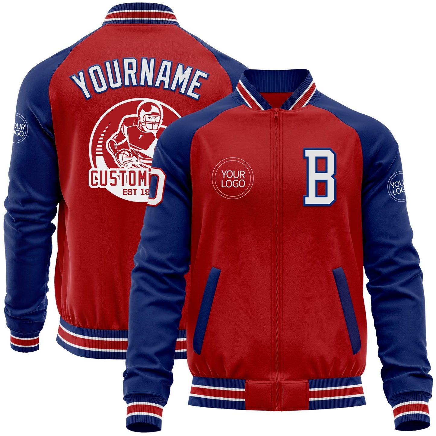Custom Red White-Royal Bomber Varsity Letterman Two Tone Zipper Jacket - Main View