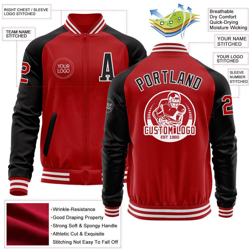 Custom Red Black-White Bomber Varsity Letterman Two Tone Zipper Jacket view 4