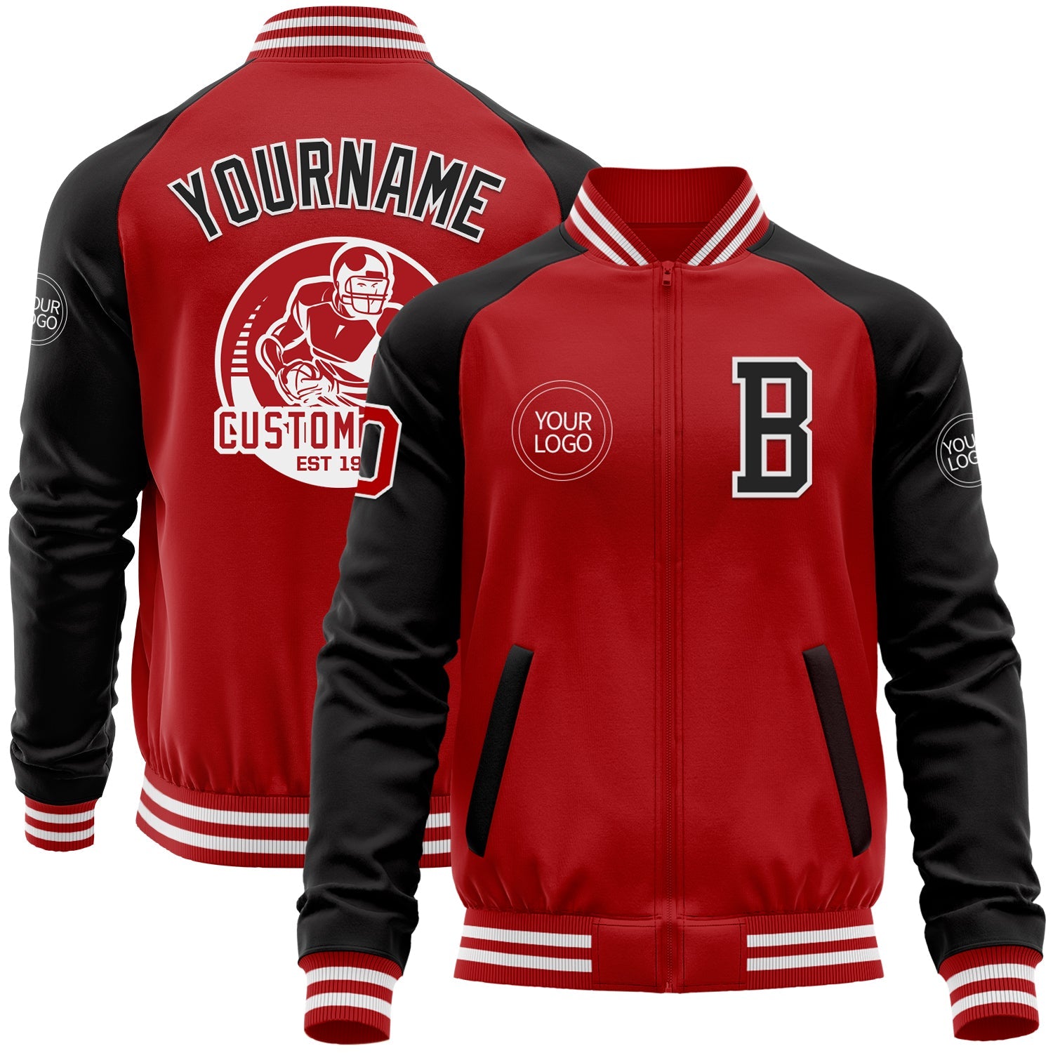 Custom Red Black-White Bomber Varsity Letterman Two Tone Zipper Jacket - Main View