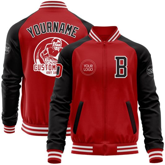Custom Red Black-White Bomber Varsity Letterman Two Tone Zipper Jacket - Main View