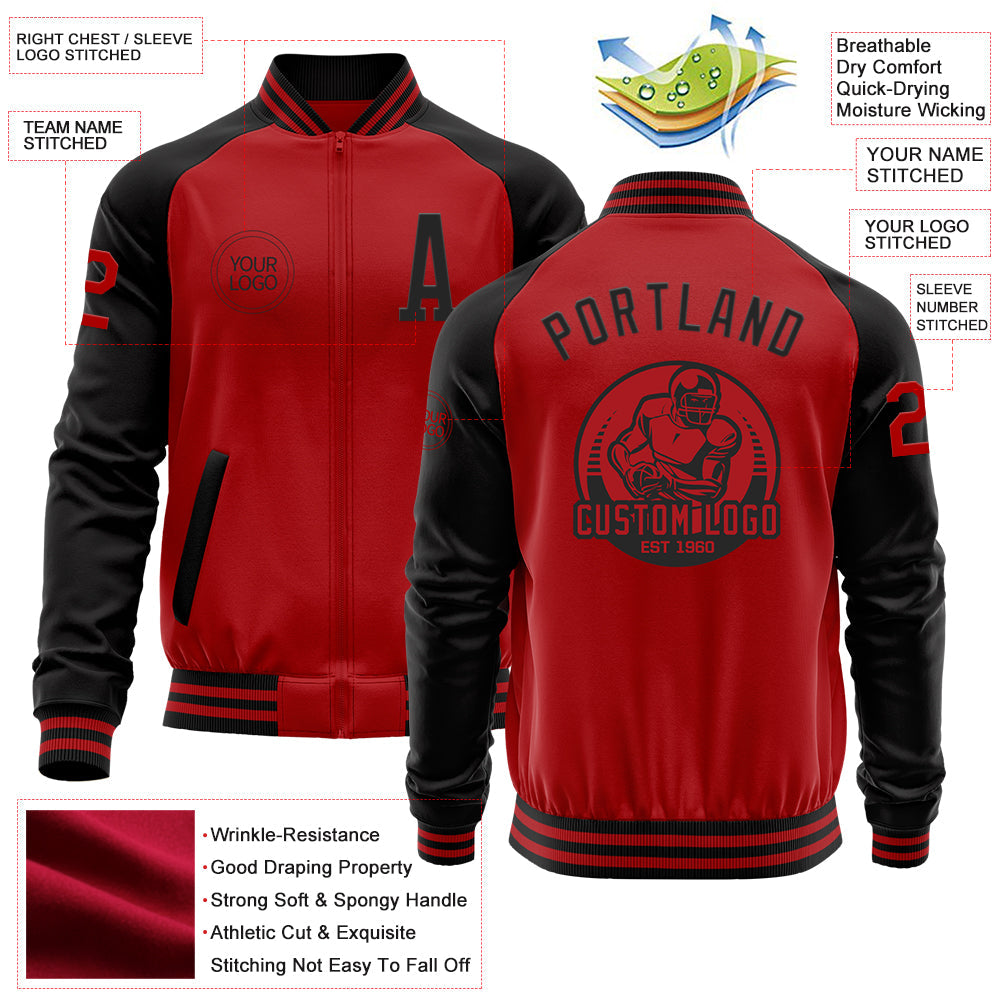 Custom Red Black Bomber Varsity Letterman Two Tone Zipper Jacket view 4