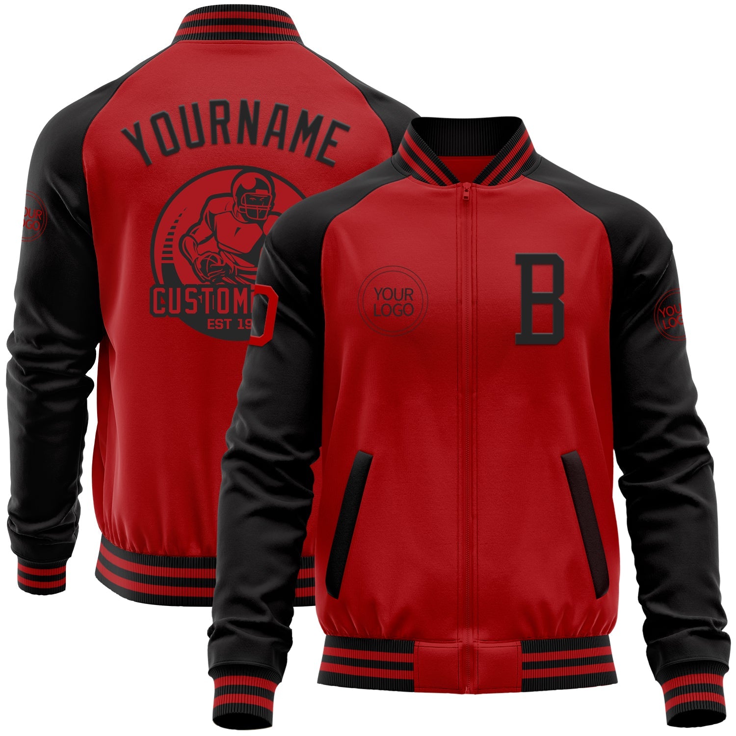 Custom Red Black Bomber Varsity Letterman Two Tone Zipper Jacket - Main View
