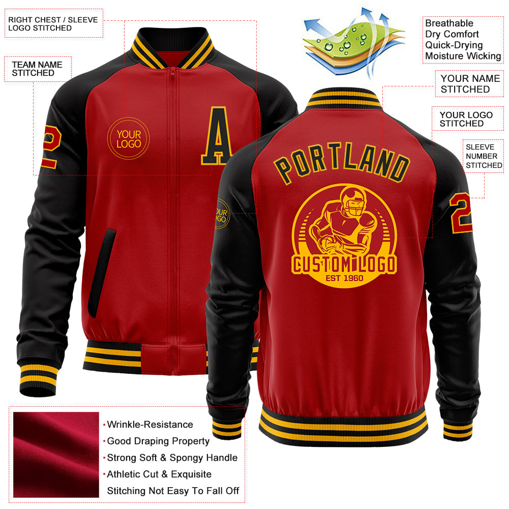 Custom Red Black-Gold Bomber Varsity Letterman Two Tone Zipper Jacket view 4