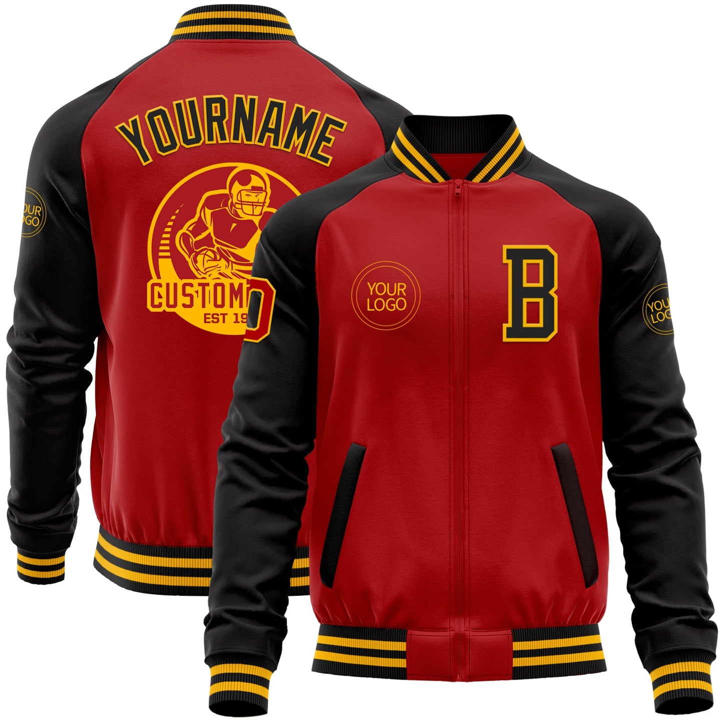 Custom Red Black-Gold Bomber Varsity Letterman Two Tone Zipper Jacket - Main View