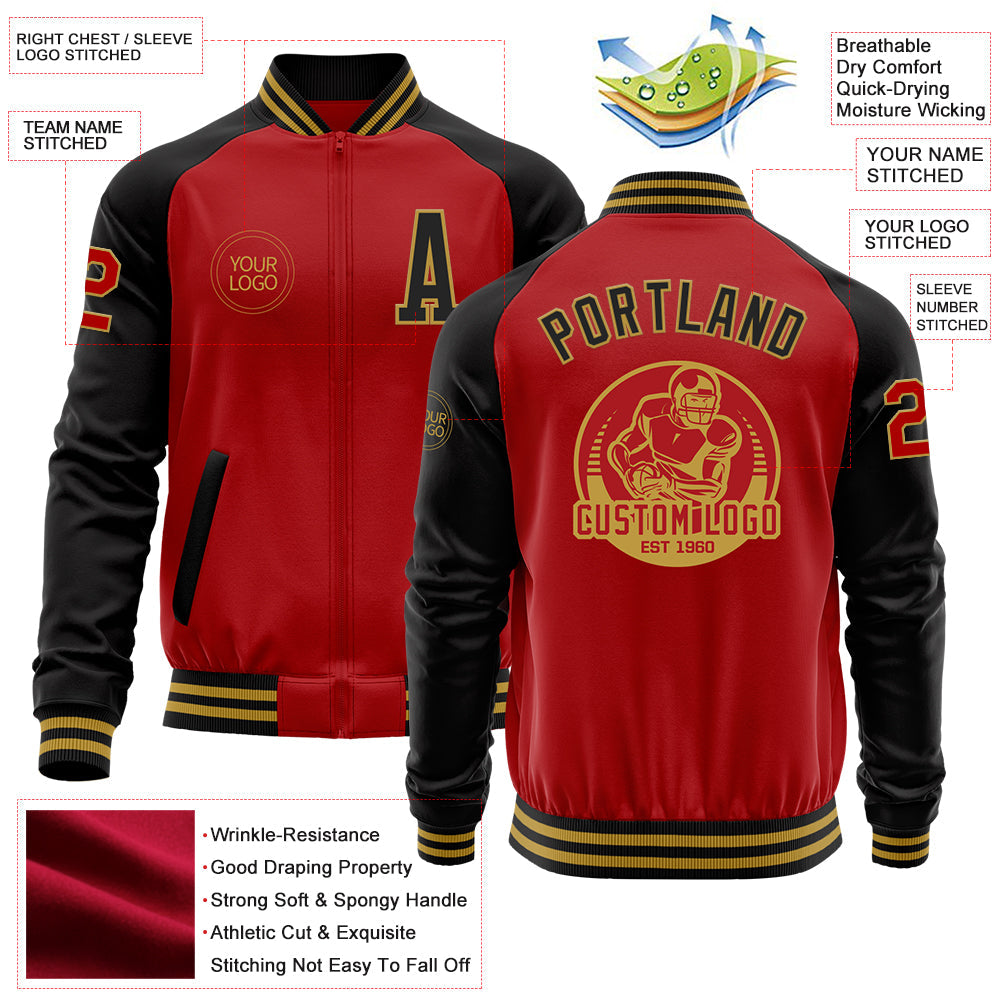 Custom Red Black-Old Gold Bomber Varsity Letterman Two Tone Zipper Jacket view 4