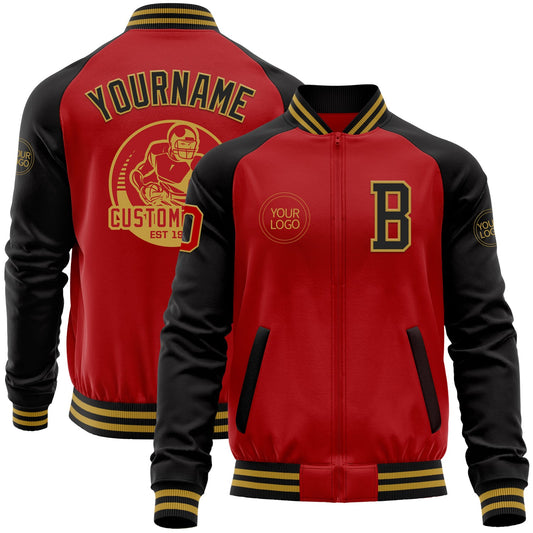 Custom Red Black-Old Gold Bomber Varsity Letterman Two Tone Zipper Jacket - Main View
