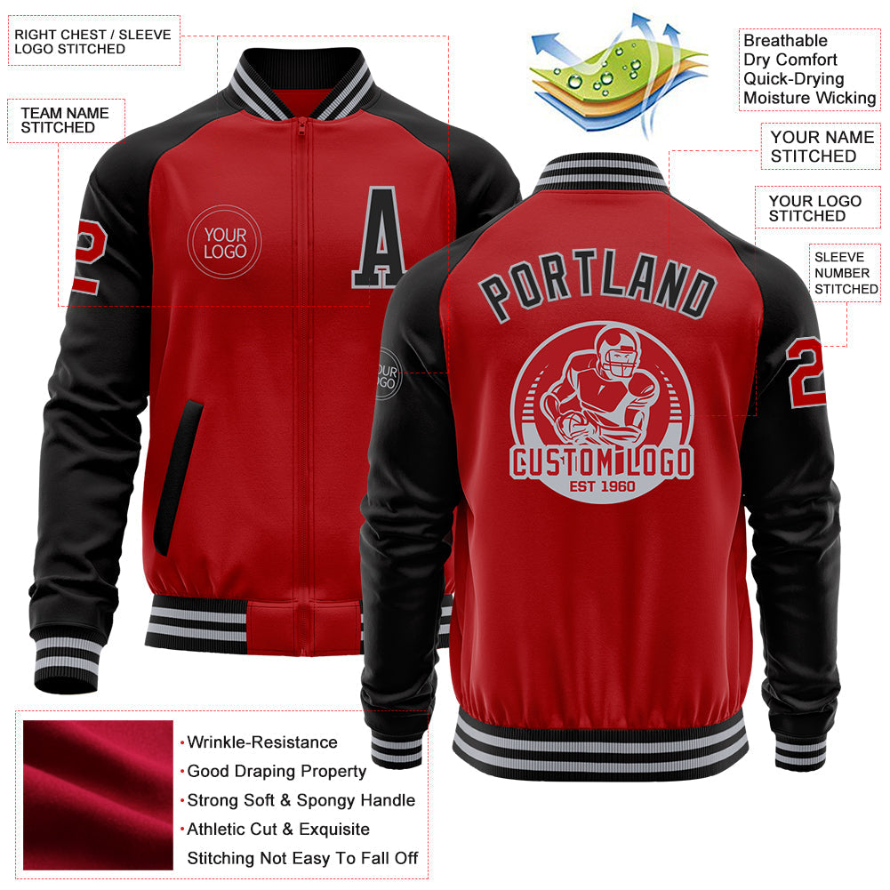 Custom Red Black-Gray Bomber Varsity Letterman Two Tone Zipper Jacket view 4