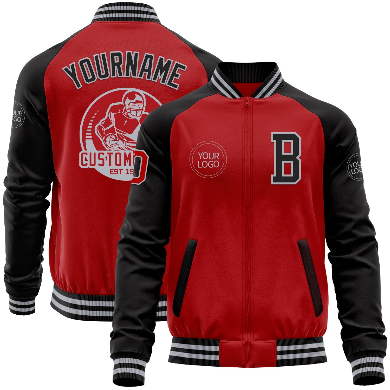 Custom Red Black-Gray Bomber Varsity Letterman Two Tone Zipper Jacket - Main View