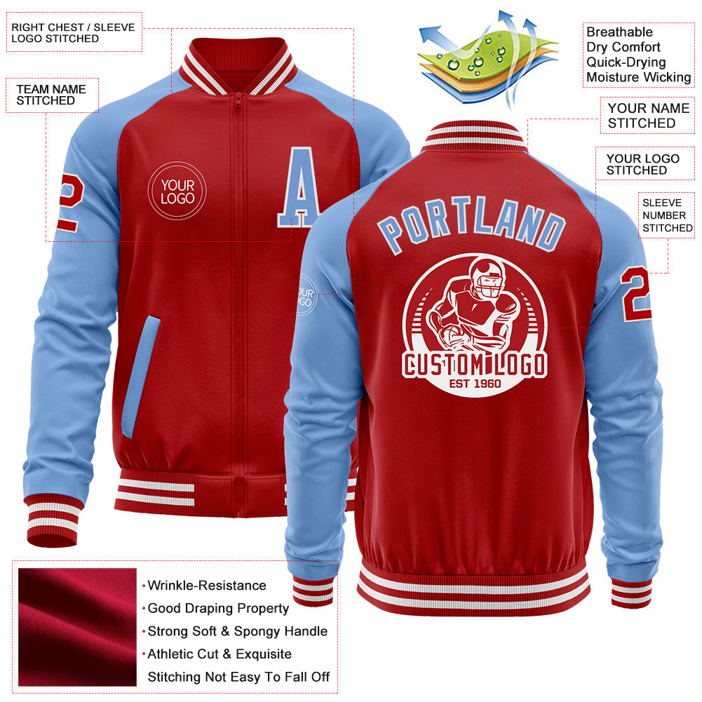 Custom Red Light Blue-White Bomber Varsity Letterman Two Tone Zipper Jacket view 4