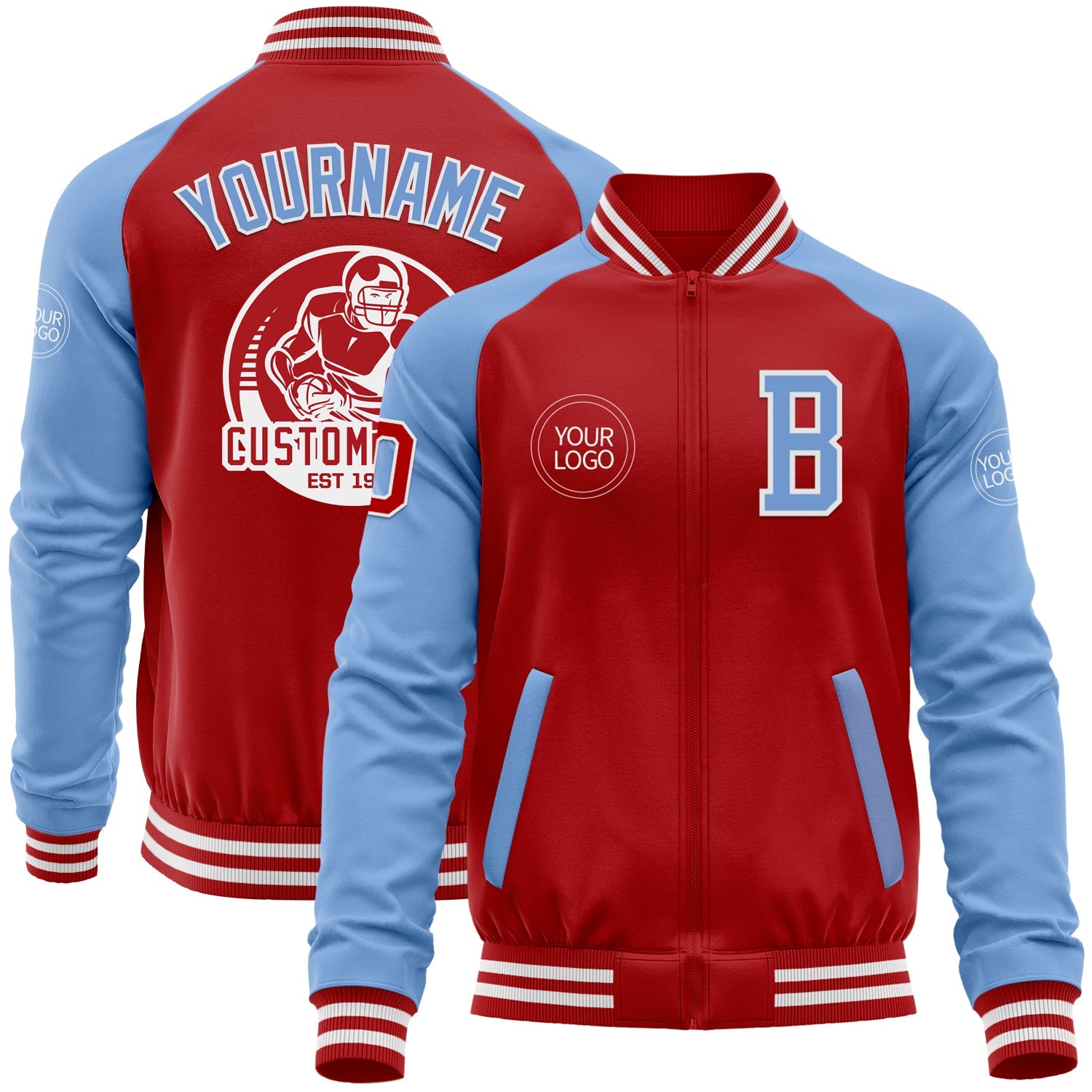 Custom Red Light Blue-White Bomber Varsity Letterman Two Tone Zipper Jacket - Main View